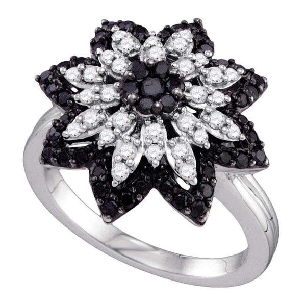 10kt White Gold Women's Round Black Color Enhanced Diamond Flower Cluster Ring 7/8 Cttw - FREE Shipping (US/CAN)-Gold & Diamond Fashion Rings-5-JadeMoghul Inc.
