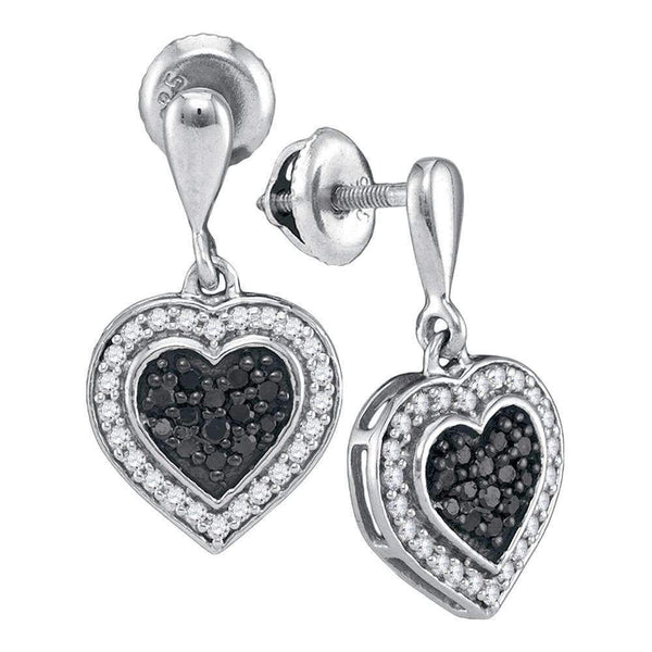 10kt White Gold Women's Round Black Color Enhanced Diamond Heart Frame Dangle Earrings 1-2 Cttw - FREE Shipping (USA/CAN)-Gold & Diamond Earrings-JadeMoghul Inc.