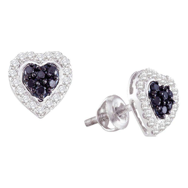 10kt White Gold Women's Round Black Color Enhanced Diamond Heart Screwback Earrings 1-3 Cttw - FREE Shipping (US/CAN)-Gold & Diamond Earrings-JadeMoghul Inc.