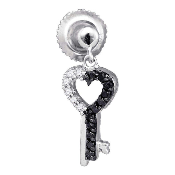 10kt White Gold Women's Round Black Color Enhanced Diamond Key Heart Dangle Earrings 1-6 Cttw - FREE Shipping (USA/CAN)-Gold & Diamond Earrings-JadeMoghul Inc.