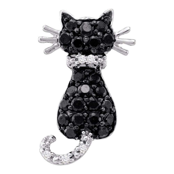 10kt White Gold Women's Round Black Color Enhanced Diamond Kitty Cat Feline Animal Pendant 1-3 Cttw - FREE Shipping (US/CAN)-Gold & Diamond Pendants & Necklaces-JadeMoghul Inc.