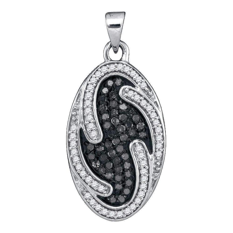 10kt White Gold Women's Round Black Color Enhanced Diamond Oval Cluster Pendant 1-2 Cttw - FREE Shipping (US/CAN)-Gold & Diamond Pendants & Necklaces-JadeMoghul Inc.