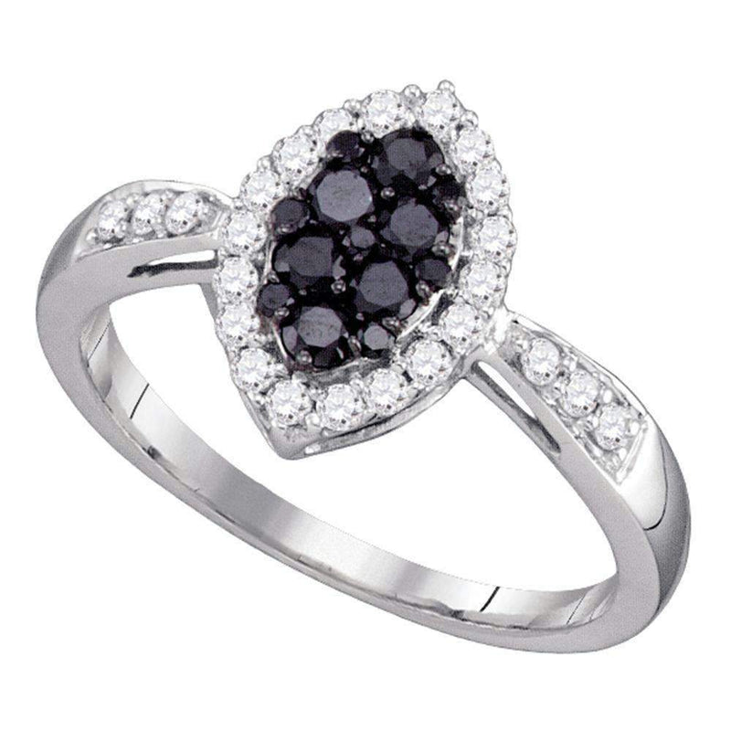 10kt White Gold Women's Round Black Color Enhanced Diamond Oval Cluster Ring 1/2 Cttw - FREE Shipping (US/CAN)-Gold & Diamond Cluster Rings-5-JadeMoghul Inc.