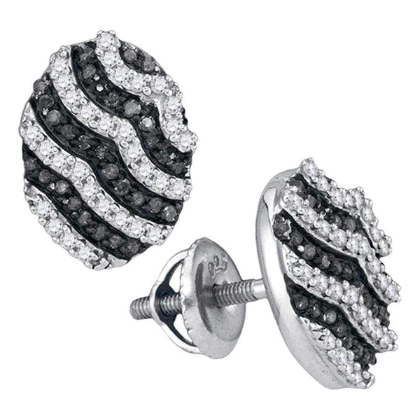 10kt White Gold Women's Round Black Color Enhanced Diamond Oval Stripe Cluster Earrings 3-8 Cttw - FREE Shipping (USA/CAN)-Gold & Diamond Earrings-JadeMoghul Inc.
