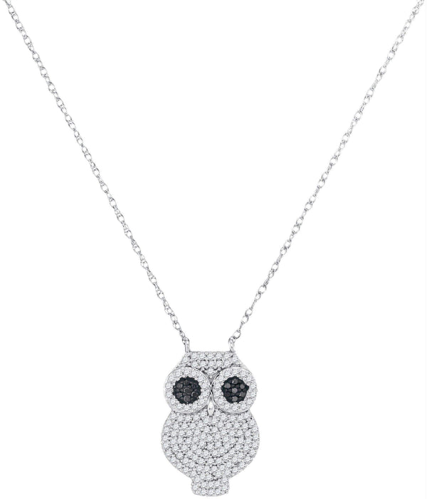 10kt White Gold Women's Round Black Color Enhanced Diamond Owl Bird Pendant Necklace 3-8 Cttw - FREE Shipping (US/CAN)-Gold & Diamond Pendants & Necklaces-JadeMoghul Inc.