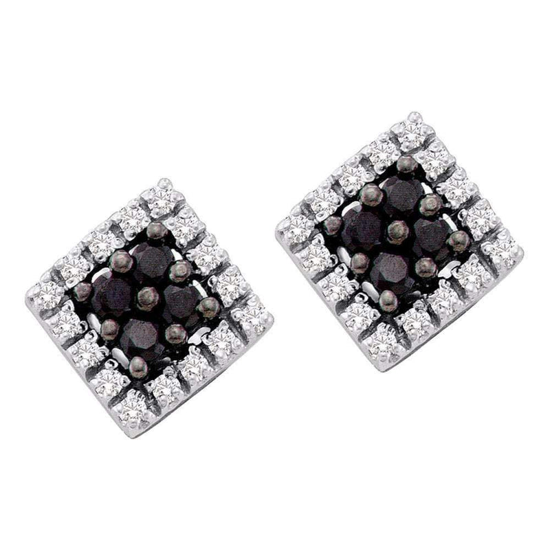 10kt White Gold Women's Round Black Color Enhanced Diamond Square Cluster Screwback Earrings 1-4 Cttw - FREE Shipping (US/CAN)-Gold & Diamond Earrings-JadeMoghul Inc.