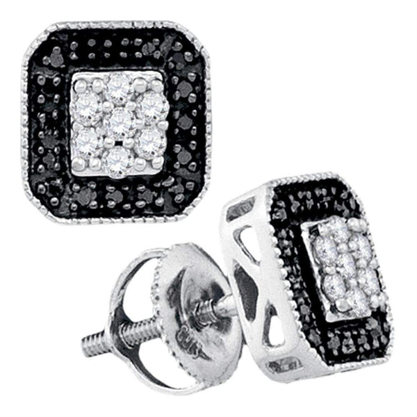 10kt White Gold Women's Round Black Color Enhanced Diamond Square Frame Cluster Earrings 1-4 Cttw - FREE Shipping (USA/CAN)-Gold & Diamond Earrings-JadeMoghul Inc.