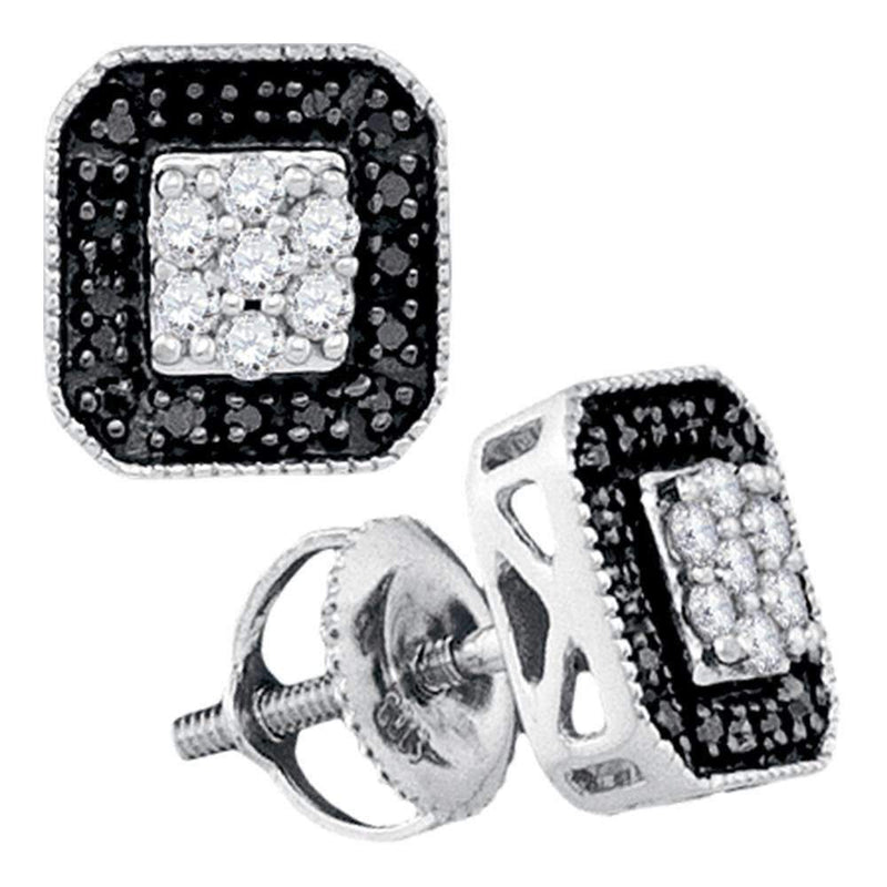 10kt White Gold Women's Round Black Color Enhanced Diamond Square Frame Cluster Earrings 1-4 Cttw - FREE Shipping (USA/CAN)-Gold & Diamond Earrings-JadeMoghul Inc.