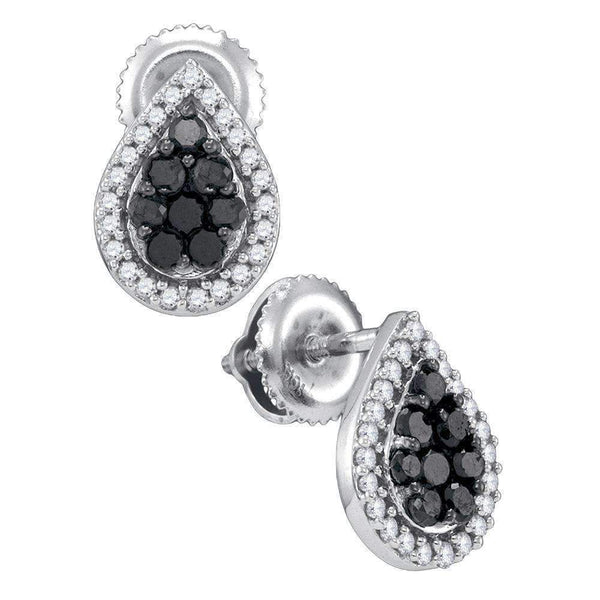 10kt White Gold Women's Round Black Color Enhanced Diamond Teardrop Cluster Stud Earrings 1-2 Cttw - FREE Shipping (USA/CAN)-Gold & Diamond Earrings-JadeMoghul Inc.