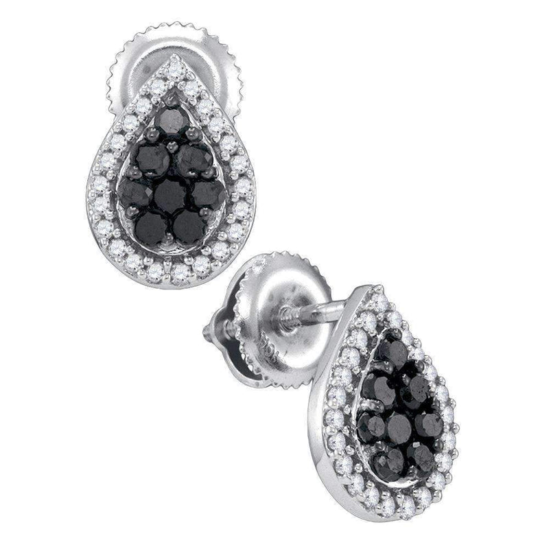 10kt White Gold Women's Round Black Color Enhanced Diamond Teardrop Cluster Stud Earrings 1-2 Cttw - FREE Shipping (USA/CAN)-Gold & Diamond Earrings-JadeMoghul Inc.