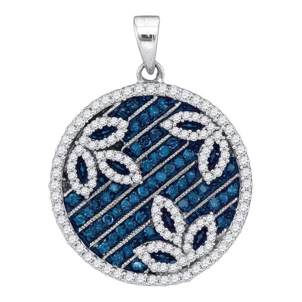 10kt White Gold Women's Round Blue Color Enhanced Diamond Circle Floral Pendant 3-4 Cttw - FREE Shipping (US/CAN)-Gold & Diamond Pendants & Necklaces-JadeMoghul Inc.