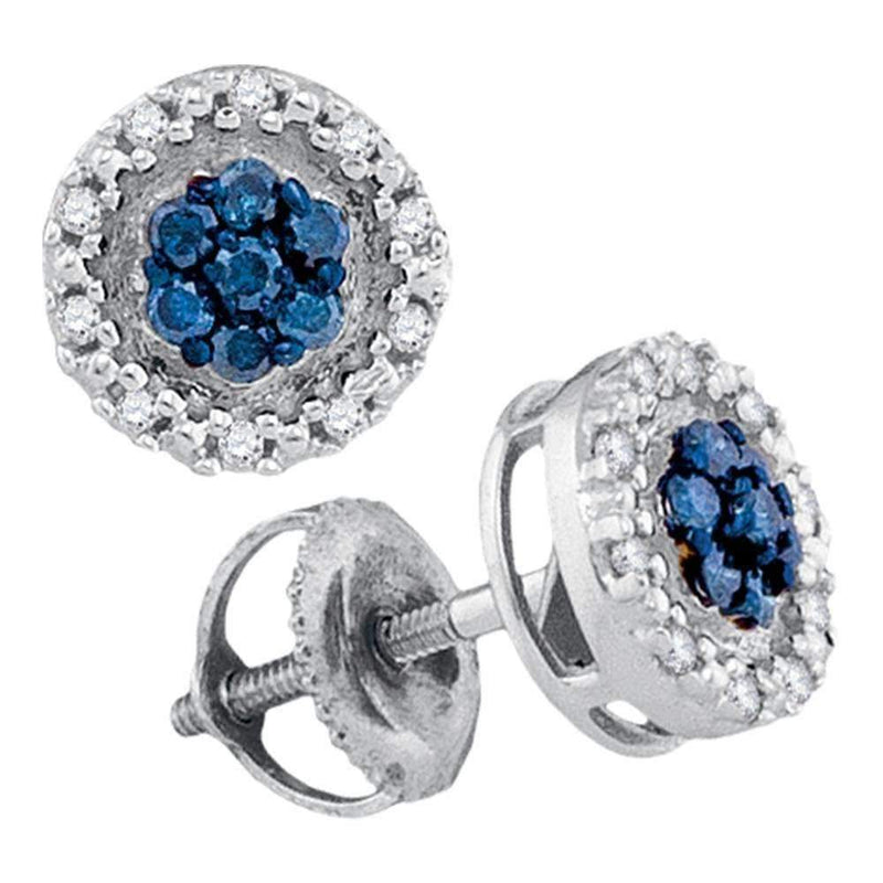 10kt White Gold Women's Round Blue Color Enhanced Diamond Circle Frame Cluster Earrings 1-4 Cttw - FREE Shipping (USA/CAN)-Gold & Diamond Earrings-JadeMoghul Inc.