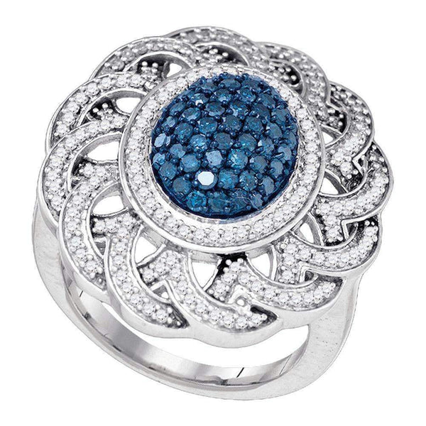 10kt White Gold Women's Round Blue Color Enhanced Diamond Cluster Antique-style Ring 1.00 Cttw - FREE Shipping (US/CAN)-Gold & Diamond Fashion Rings-5-JadeMoghul Inc.