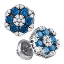 10kt White Gold Women's Round Blue Color Enhanced Diamond Cluster Screwback Earrings 1.00 Cttw - FREE Shipping (US/CAN)-Gold & Diamond Earrings-JadeMoghul Inc.