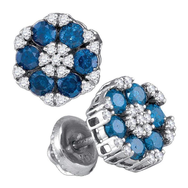10kt White Gold Women's Round Blue Color Enhanced Diamond Cluster Screwback Earrings 1.00 Cttw - FREE Shipping (US/CAN)-Gold & Diamond Earrings-JadeMoghul Inc.