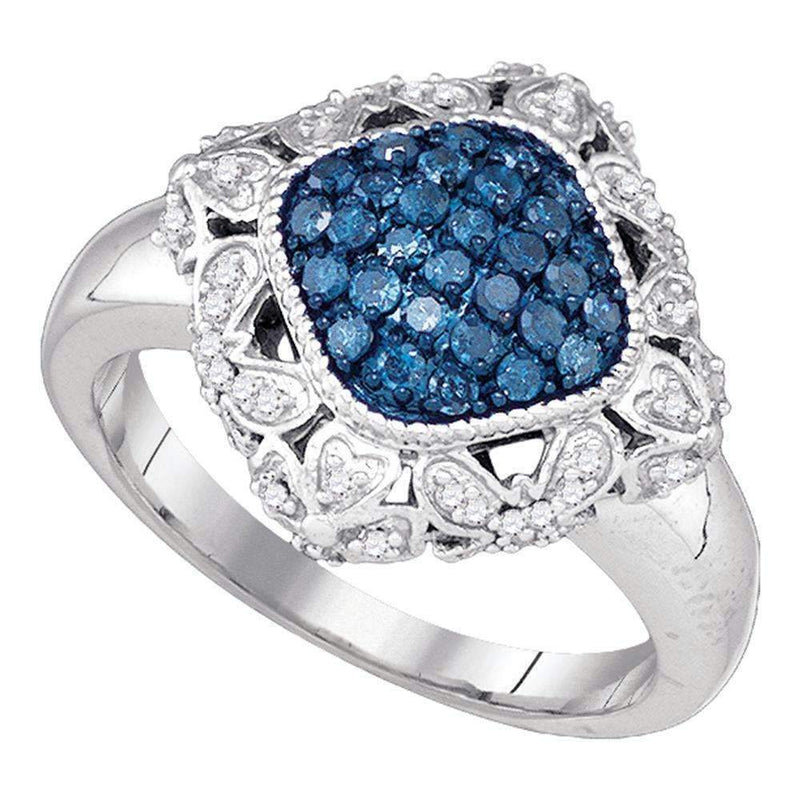 10kt White Gold Women's Round Blue Color Enhanced Diamond Diagonal Square Cluster Ring 1/2 Cttw - FREE Shipping (US/CAN)-Gold & Diamond Cluster Rings-5-JadeMoghul Inc.