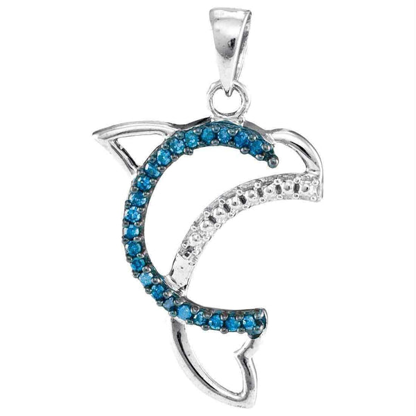 10kt White Gold Women's Round Blue Color Enhanced Diamond Dolphin Animal Pendant 1-10 Cttw - FREE Shipping (US/CAN)-Gold & Diamond Pendants & Necklaces-JadeMoghul Inc.