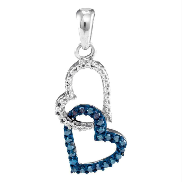 10kt White Gold Women's Round Blue Color Enhanced Diamond Double Heart Dangle Pendant 1-6 Cttw - FREE Shipping (US/CAN)-Gold & Diamond Pendants & Necklaces-JadeMoghul Inc.