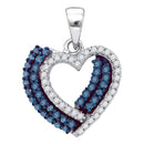 10kt White Gold Women's Round Blue Color Enhanced Diamond Double Heart Pendant 3-8 Cttw - FREE Shipping (US/CAN)-Gold & Diamond Pendants & Necklaces-JadeMoghul Inc.