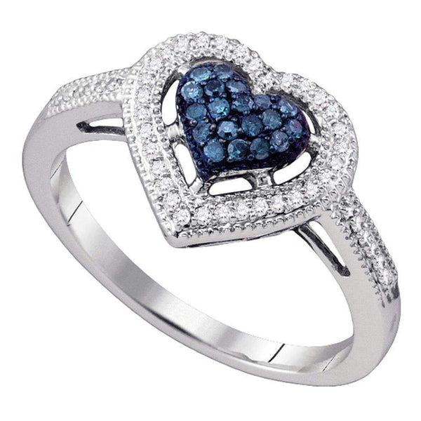 10kt White Gold Women's Round Blue Color Enhanced Diamond Framed Heart Ring 1/4 Cttw - FREE Shipping (US/CAN)-Gold & Diamond Heart Rings-5-JadeMoghul Inc.