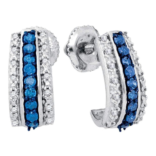 10kt White Gold Women's Round Blue Color Enhanced Diamond Half J Hoop Earrings 1-3 Cttw - FREE Shipping (US/CAN)-Gold & Diamond Earrings-JadeMoghul Inc.