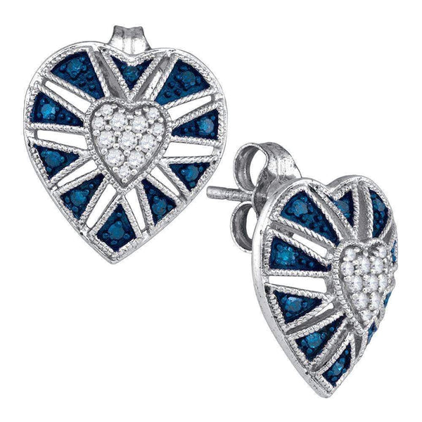 10kt White Gold Womens Round Blue Color Enhanced Diamond Heart Cluster Earrings 1-4 Cttw-Gold & Diamond Earrings-JadeMoghul Inc.