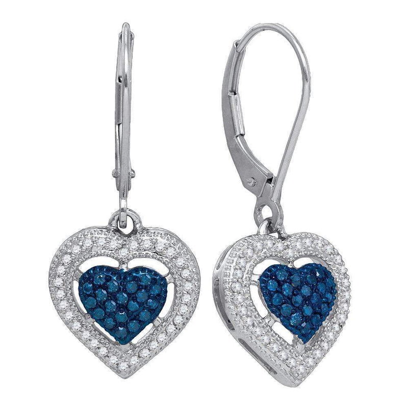 10kt White Gold Women's Round Blue Color Enhanced Diamond Heart Dangle Earrings 3-8 Cttw - FREE Shipping (USA/CAN)-Gold & Diamond Earrings-JadeMoghul Inc.