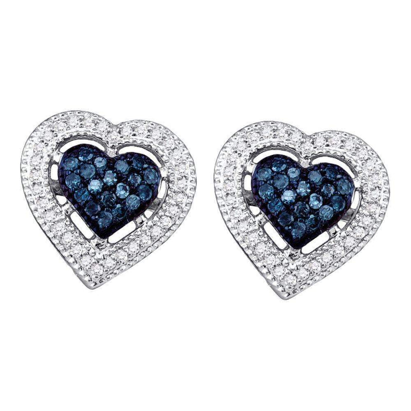 10kt White Gold Women's Round Blue Color Enhanced Diamond Heart Love Screwback Earrings 3-8 Cttw - FREE Shipping (US/CAN)-Gold & Diamond Earrings-JadeMoghul Inc.
