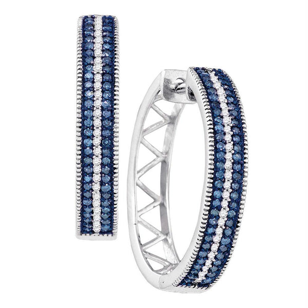 10kt White Gold Womens Round Blue Color Enhanced Diamond Hoop Earrings 1-2 Cttw-Gold & Diamond Earrings-JadeMoghul Inc.