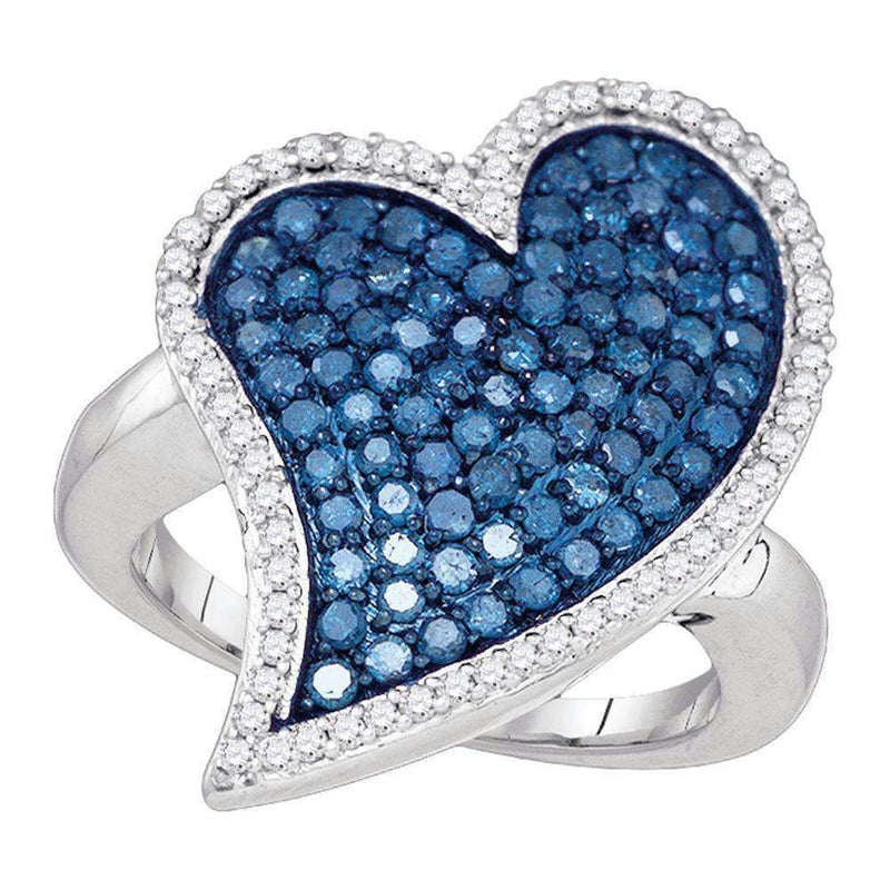 10kt White Gold Women's Round Blue Color Enhanced Diamond Large Heart Cluster Ring 1-1/2 Cttw - FREE Shipping (US/CAN)-Gold & Diamond Heart Rings-5-JadeMoghul Inc.