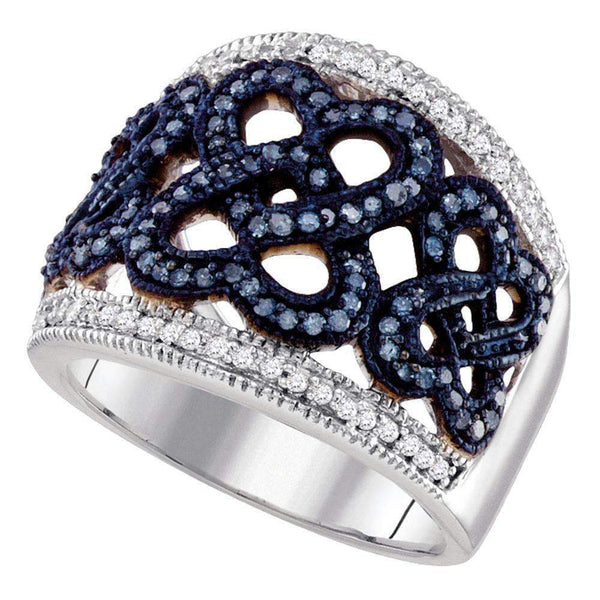 10kt White Gold Womens Round Blue Color Enhanced Diamond Linked Heart Ring 1-2 Cttw-Gold & Diamond Fashion Rings-JadeMoghul Inc.