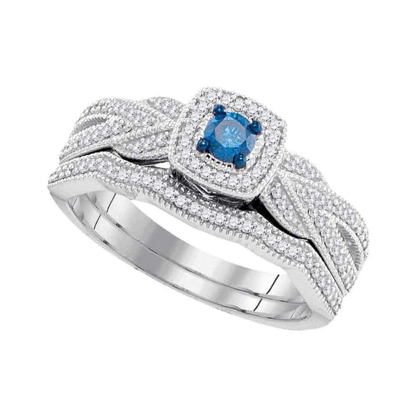 10kt White Gold Women's Round Blue Color Enhanced Diamond Milgrain Bridal Wedding Engagement Ring Band Set 3/8 Cttw - FREE Shipping (US/CAN)-Gold & Diamond Wedding Ring Sets-5-JadeMoghul Inc.