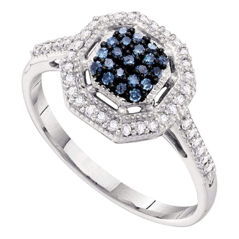 10kt White Gold Women's Round Blue Color Enhanced Diamond Octagon Cluster Ring 1/4 Cttw - FREE Shipping (USA/CAN)-Gold & Diamond Cluster Rings-5-JadeMoghul Inc.