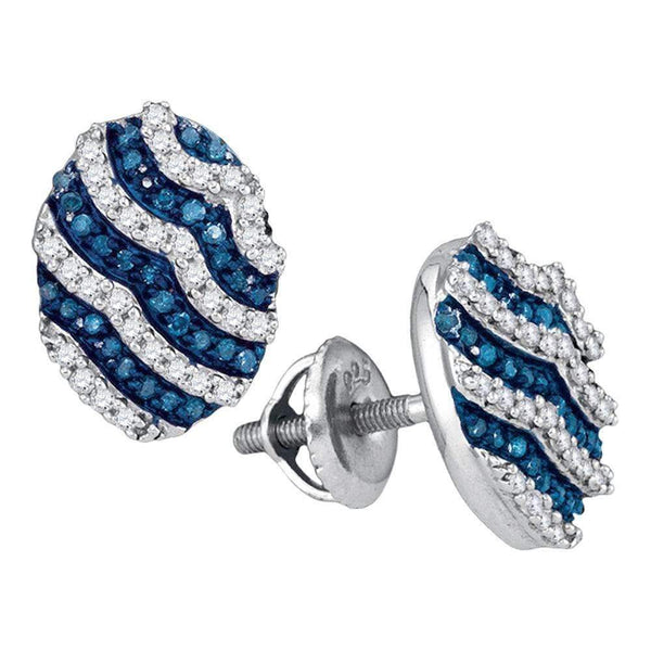 10kt White Gold Women's Round Blue Color Enhanced Diamond Oval Stripe Cluster Earrings 3-8 Cttw - FREE Shipping (USA/CAN)-Gold & Diamond Earrings-JadeMoghul Inc.