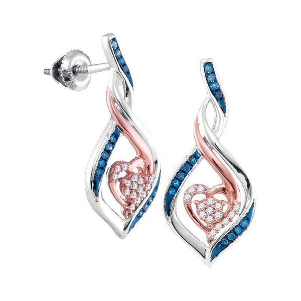 10kt White Gold Women's Round Blue Color Enhanced Diamond Rose-tone Heart Earrings 1-6 Cttw - FREE Shipping (USA/CAN)-Gold & Diamond Earrings-JadeMoghul Inc.