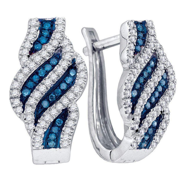 10kt White Gold Women's Round Blue Color Enhanced Diamond Spiral Stripe Hoop Earrings 1-3 Cttw - FREE Shipping (USA/CAN)-Gold & Diamond Earrings-JadeMoghul Inc.
