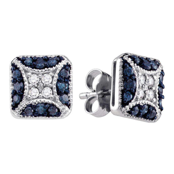 10kt White Gold Women's Round Blue Color Enhanced Diamond Square Cluster Earrings 1-2 Cttw - FREE Shipping (US/CAN)-Gold & Diamond Earrings-JadeMoghul Inc.