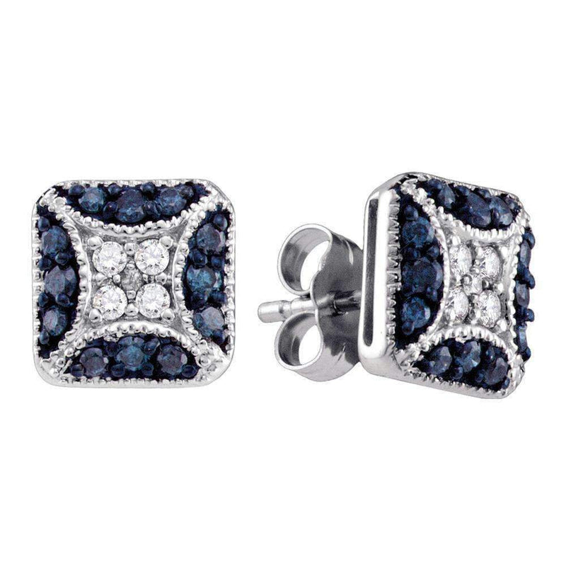10kt White Gold Women's Round Blue Color Enhanced Diamond Square Cluster Earrings 1-2 Cttw - FREE Shipping (US/CAN)-Gold & Diamond Earrings-JadeMoghul Inc.