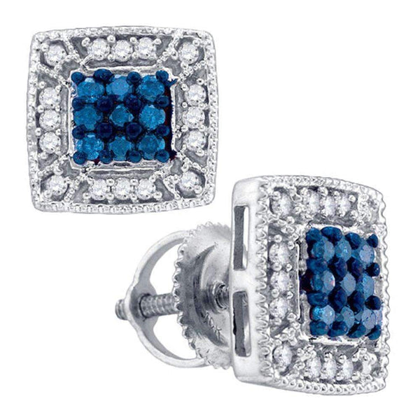 10kt White Gold Women's Round Blue Color Enhanced Diamond Square Cluster Earrings 1-3 Cttw - FREE Shipping (USA/CAN)-Gold & Diamond Earrings-JadeMoghul Inc.