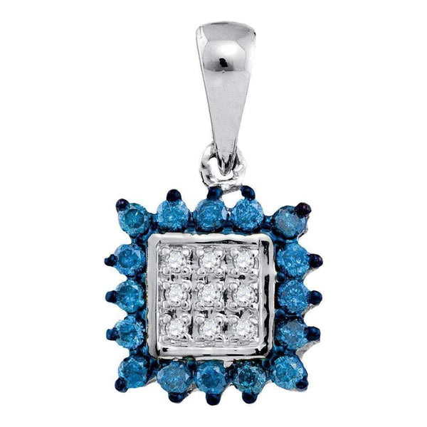 10kt White Gold Women's Round Blue Color Enhanced Diamond Square Cluster Pendant 1-3 Cttw - FREE Shipping (US/CAN)-Gold & Diamond Pendants & Necklaces-JadeMoghul Inc.