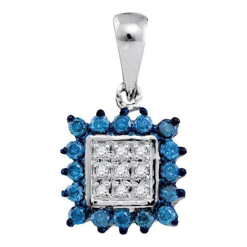 10kt White Gold Women's Round Blue Color Enhanced Diamond Square Cluster Pendant 1-3 Cttw - FREE Shipping (US/CAN)-Gold & Diamond Pendants & Necklaces-JadeMoghul Inc.