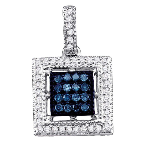 10kt White Gold Women's Round Blue Color Enhanced Diamond Square Cluster Pendant 1-5 Cttw - FREE Shipping (US/CAN)-Gold & Diamond Pendants & Necklaces-JadeMoghul Inc.