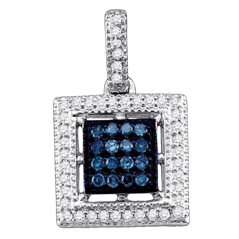 10kt White Gold Women's Round Blue Color Enhanced Diamond Square Cluster Pendant 1-5 Cttw - FREE Shipping (US/CAN)-Gold & Diamond Pendants & Necklaces-JadeMoghul Inc.