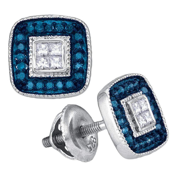 10kt White Gold Women's Round Blue Color Enhanced Diamond Square Frame Cluster Earrings 1-3 Cttw - FREE Shipping (USA/CAN)-Gold & Diamond Earrings-JadeMoghul Inc.