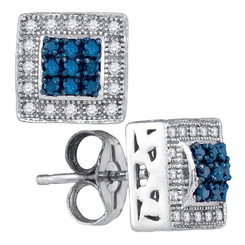 10kt White Gold Women's Round Blue Color Enhanced Diamond Square Frame Cluster Stud Earrings 1-5 Cttw - FREE Shipping (US/CAN)-Gold & Diamond Earrings-JadeMoghul Inc.