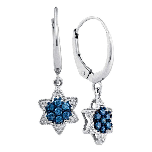 10kt White Gold Women's Round Blue Color Enhanced Diamond Star Cluster Dangle Earrings 1-4 Cttw - FREE Shipping (USA/CAN)-Gold & Diamond Earrings-JadeMoghul Inc.