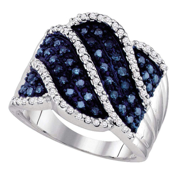 10kt White Gold Women's Round Blue Color Enhanced Diamond Striped Fashion Ring 3/4 Cttw - FREE Shipping (US/CAN)-Gold & Diamond Fashion Rings-5-JadeMoghul Inc.