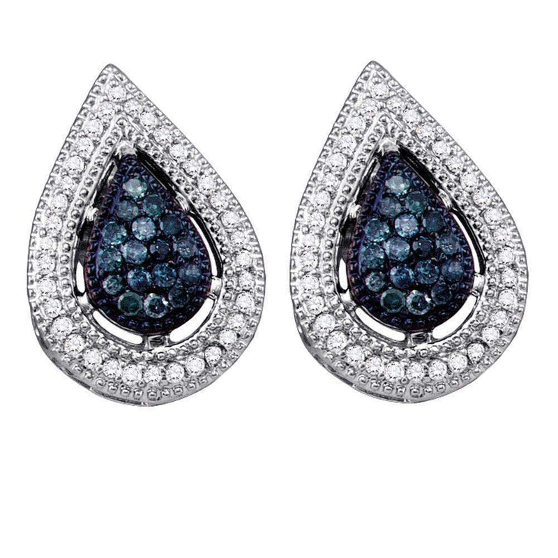 10kt White Gold Women's Round Blue Color Enhanced Diamond Teardrop Cluster Earrings 3-8 Cttw - FREE Shipping (US/CAN)-Gold & Diamond Earrings-JadeMoghul Inc.
