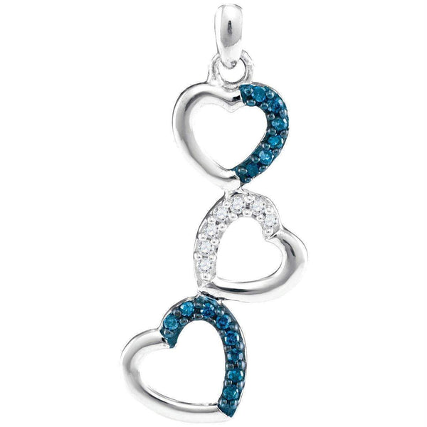 10kt White Gold Women's Round Blue Color Enhanced Diamond Triple Cascading Heart Pendant 1-6 Cttw - FREE Shipping (US/CAN)-Gold & Diamond Pendants & Necklaces-JadeMoghul Inc.