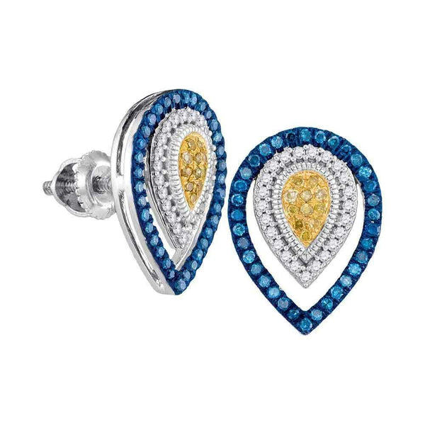 10kt White Gold Womens Round Blue Yellow Color Enhanced Diamond Teardrop Earrings 1-3 Cttw-Gold & Diamond Earrings-JadeMoghul Inc.